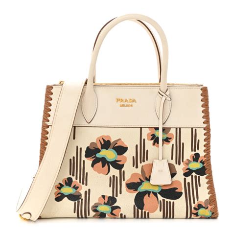 PRADA Saffiano Whipstitch Madras Print Paradigme Bag White 